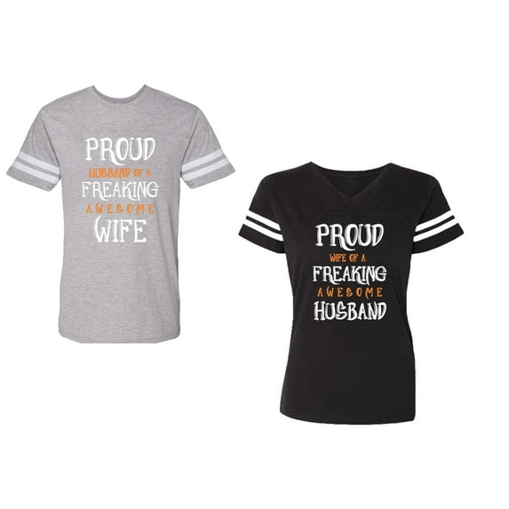 Proud Husband Freaking Wife Unisex Couple Matching Cotton Jersey style T-Shirt Contrasting stripes on sleeves (Men Heather / Women Black) (Men M / Women XXL)