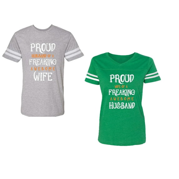 Proud Husband Freaking Wife Unisex Couple Matching Cotton Jersey style T-Shirt Contrasting stripes on sleeves (Men Heather / Women Green) (Men XL / Women S)