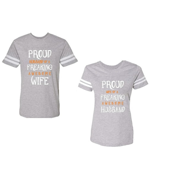 Proud Husband Freaking Wife Unisex Couple Matching Cotton Jersey style T-Shirt Contrasting stripes on sleeves (Men Heather / Women Heather) (Men L / Women S)