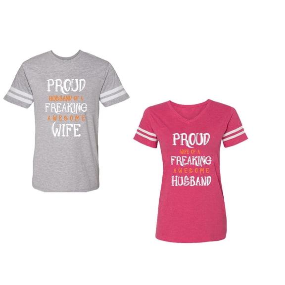 Proud Husband Freaking Wife Unisex Couple Matching Cotton Jersey style T-Shirt Contrasting stripes on sleeves (Men Heather / Women Pink) (Men L / Women M)