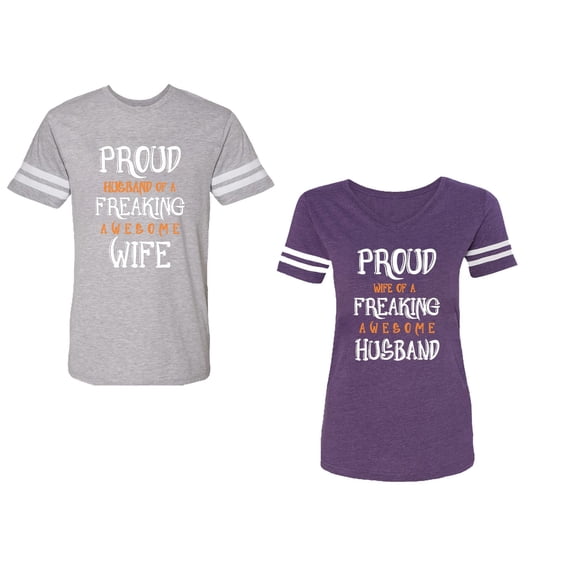 Proud Husband Freaking Wife Unisex Couple Matching Cotton Jersey style T-Shirt Contrasting stripes on sleeves (Men Heather / Women Purple) (Men XL / Women M)