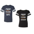 thumbnail image 1 of Proud Husband Freaking Wife Unisex Couple Matching Cotton Jersey style T-Shirt Contrasting stripes on sleeves (Men Navy / Women Black) (Men L / Women XL), 1 of 3