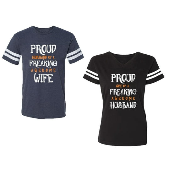 Proud Husband Freaking Wife Unisex Couple Matching Cotton Jersey style T-Shirt Contrasting stripes on sleeves (Men Navy / Women Black) (Men S / Women S)