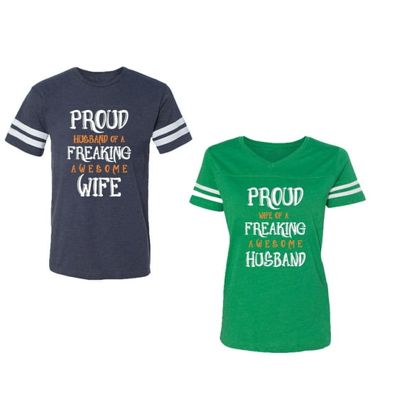 Proud Husband Freaking Wife Unisex Couple Matching Cotton Jersey style T-Shirt Contrasting stripes on sleeves (Men Navy / Women Green) (Men M / Women XL)