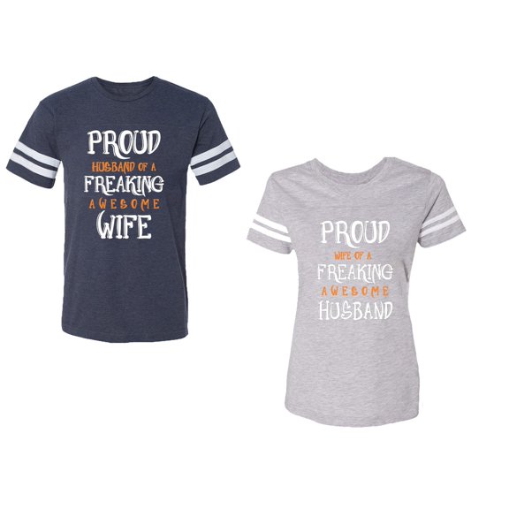Proud Husband Freaking Wife Unisex Couple Matching Cotton Jersey style T-Shirt Contrasting stripes on sleeves (Men Navy / Women Heather) (Men S / Women XL)