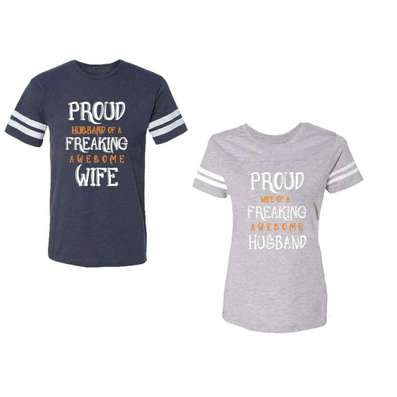 Proud Husband Freaking Wife Unisex Couple Matching Cotton Jersey style T-Shirt Contrasting stripes on sleeves (Men Navy / Women Heather) (Men XL / Women S)