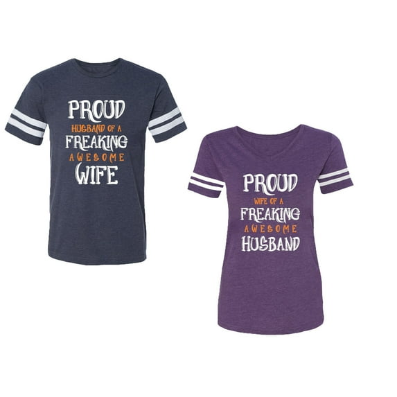 Proud Husband Freaking Wife Unisex Couple Matching Cotton Jersey style T-Shirt Contrasting stripes on sleeves (Men Navy / Women Purple) (Men XXL / Women M)