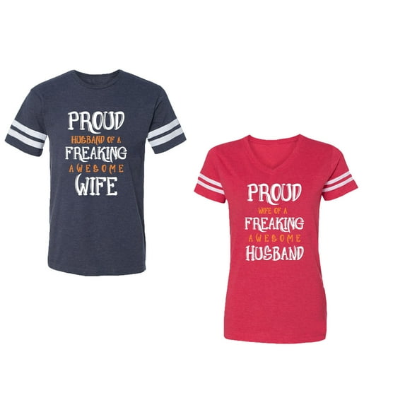 Proud Husband Freaking Wife Unisex Couple Matching Cotton Jersey style T-Shirt Contrasting stripes on sleeves (Men Navy / Women Red) (Men S / Women L)