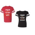 thumbnail image 1 of Proud Husband Freaking Wife Unisex Couple Matching Cotton Jersey style T-Shirt Contrasting stripes on sleeves (Men Red / Women Black) (Men S / Women S), 1 of 3