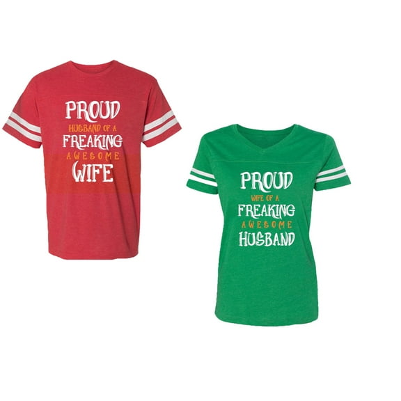 Proud Husband Freaking Wife Unisex Couple Matching Cotton Jersey style T-Shirt Contrasting stripes on sleeves (Men Red / Women Green) (Men XXL / Women L)