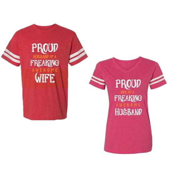 Proud Husband Freaking Wife Unisex Couple Matching Cotton Jersey style T-Shirt Contrasting stripes on sleeves (Men Red / Women Pink) (Men S / Women S)