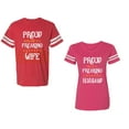 thumbnail image 1 of Proud Husband Freaking Wife Unisex Couple Matching Cotton Jersey style T-Shirt Contrasting stripes on sleeves (Men Red / Women Pink) (Men XL / Women M), 1 of 3