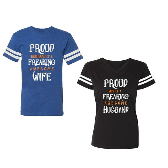 Proud Husband Freaking Wife Unisex Couple Matching Cotton Jersey style T-Shirt Contrasting stripes on sleeves (Men Royal / Women Black) (Men S / Women S)