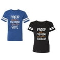 thumbnail image 1 of Proud Husband Freaking Wife Unisex Couple Matching Cotton Jersey style T-Shirt Contrasting stripes on sleeves (Men Royal / Women Black) (Men S / Women XL), 1 of 3