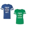 thumbnail image 1 of Proud Husband Freaking Wife Unisex Couple Matching Cotton Jersey style T-Shirt Contrasting stripes on sleeves (Men Royal / Women Green) (Men L / Women L), 1 of 3