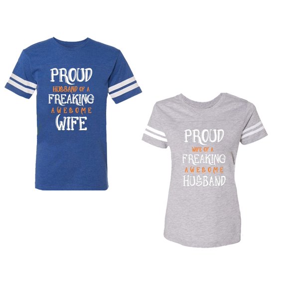 Proud Husband Freaking Wife Unisex Couple Matching Cotton Jersey style T-Shirt Contrasting stripes on sleeves (Men Royal / Women Heather) (Men L / Women L)