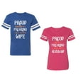 thumbnail image 1 of Proud Husband Freaking Wife Unisex Couple Matching Cotton Jersey style T-Shirt Contrasting stripes on sleeves (Men Royal / Women Pink) (Men M / Women S), 1 of 3