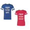 thumbnail image 1 of Proud Husband Freaking Wife Unisex Couple Matching Cotton Jersey style T-Shirt Contrasting stripes on sleeves (Men Royal / Women Red) (Men L / Women M), 1 of 3