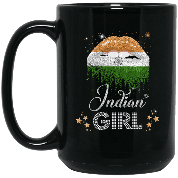 Proud Indian Girl Coffee Mug - Pride India Flag Lip Design Black 15oz Gift Mug