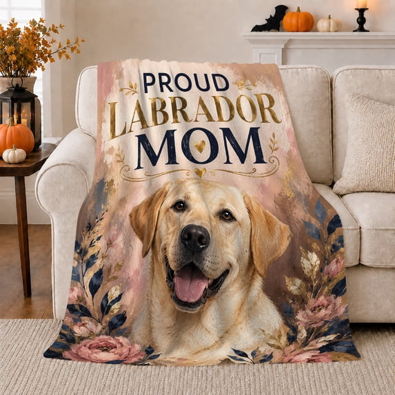 Proud Labrador Mom Golden Retriever Portrait Botanical Accents, Dramatic Pet Portrait Pattern, Warm Flannel Blanket for Living Room and Bedroom, Dog Moms Mother's Day Gift, Pet Lover Home Decor