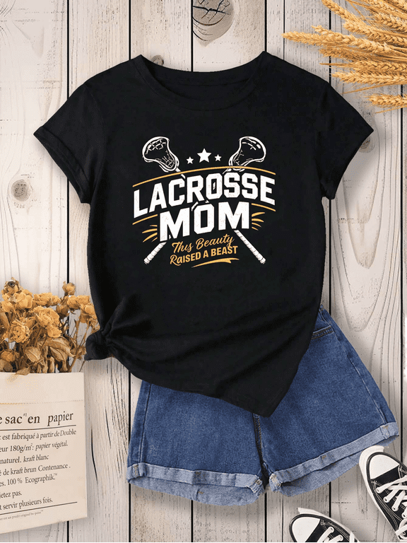 Proud Lacrosse Mom T-Shirt for Women, Funny Game Day Graphic Tee, This Beauty Raised a Beast Sports Fan Apparel, Comfortable Athletic Supporter Top