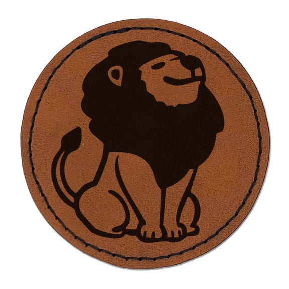 Proud Lion Head Held High Round Iron-On Engraved Faux Leather Patch Applique - 2.5 Inch - Brown