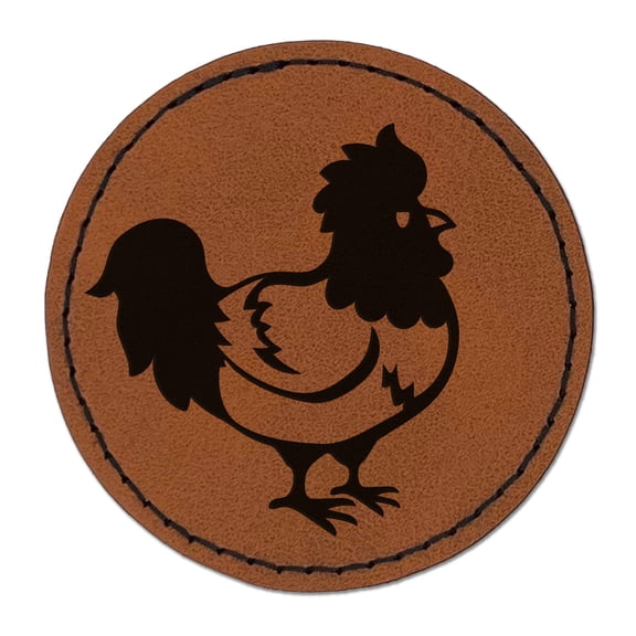 Proud Little Rooster Chicken 2.5" Faux Leather Round Engraved Iron-On Patch - Brown