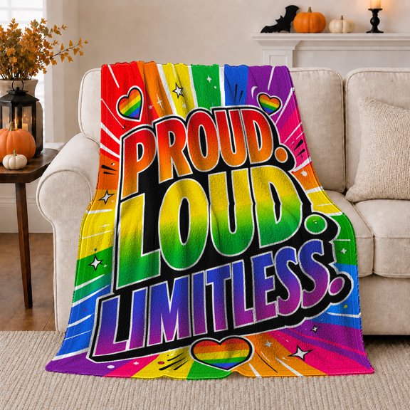 Proud Loud Limitless Pride Rainbow Quote, Cozy Typography Art Scene, Warm Flannel Blanket for Living Room and Reading Nook, Art Lovers Valentine's Day Gift, Artistic Home Decor