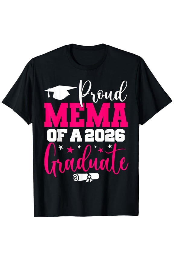 Proud Mema of a 2026 Graduate T-Shirt Class of 2026 Senior Graduation Gift for Grandmother Pink Typography Graphic Tee Black