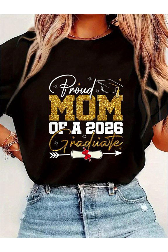 Proud Mom of a 2026 Graduate T-Shirt Class of 2026 Senior Mother Gifting Apparel Retro Glitter Style Graphic Tee for Graduation Party High School Senior Mom Top