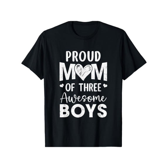 Proud Mom of 3 Boys Awesome Three Sons Mother'S Day T-Shirt - Casual Short Sleeve Round Neck Black Top - Mother'S Day Gifts for Men Women Couple and Friend