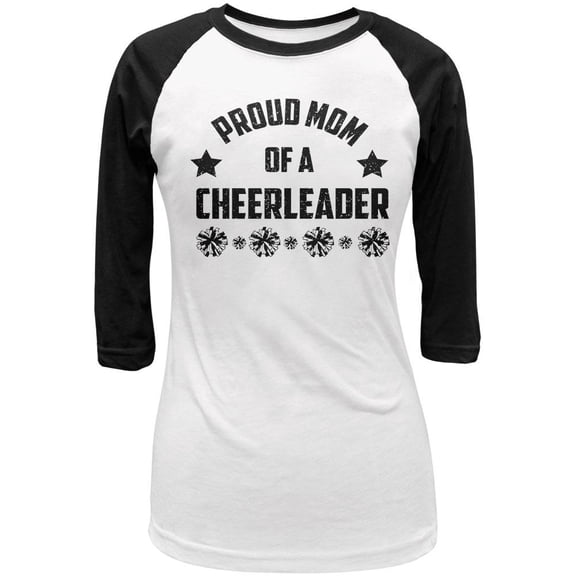 Proud Mom Cheerleader Cheerleading Juniors 3/4 Sleeve Raglan T Shirt White-Black MD