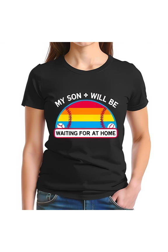 Proud Mom Cotton Short Sleeve T-Shirt - Black with Rainbow Baseball Design & Supportive Text