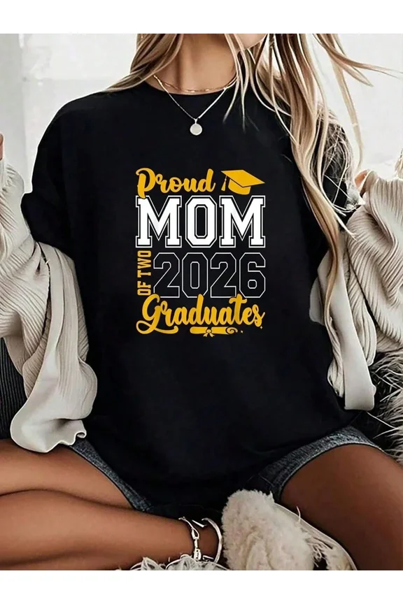 Proud Mom of Two 2026 Graduates T-Shirt - Senior Graduation Varsity Style Graphic Tee - Mother's Celebration Apparel - Retro Class of 2026 Top