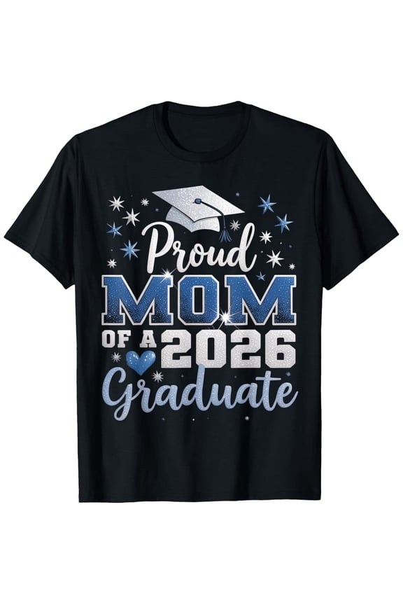 Proud Mom of a 2026 Graduate T-Shirt Class of 2026 Senior Graduation Gift for Mother Retro Blue Glitter Style Tee