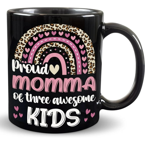 Proud Momma of Three Awesome Kids Black Mug 11oz, Mother's Day Gift Coffee Cup, Leopard Print Rainbow Mug for Moms, Heart Pink Designs, Ideal Gift for Moms with Three Kids Black 11oz