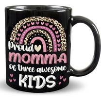 Proud Momma of Three Awesome Kids Black Mug 11oz, Mother's Day Gift Coffee Cup, Leopard Print Rainbow Mug for Moms, Heart Pink Designs, Ideal Gift for Moms with Three Kids Black 11oz