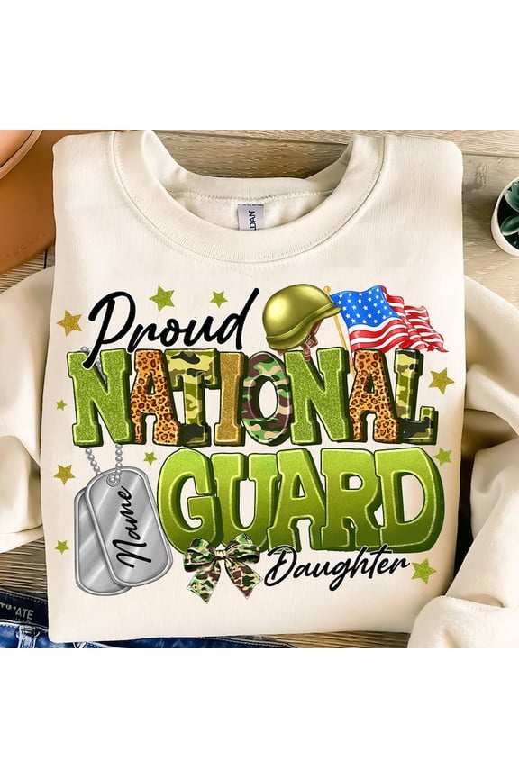 Proud National Guard Daughter Sweatshirt, Military Camouflage Pullover, Daughter of Soldier Shirt with Dog Tags, Patriotic Girl Gift BTO