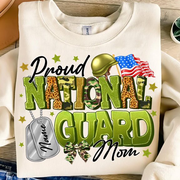 Proud National Guard Mom Sweatshirt – Patriotic Camouflage Crewneck for Military Mothers with Dog Tag Graphic