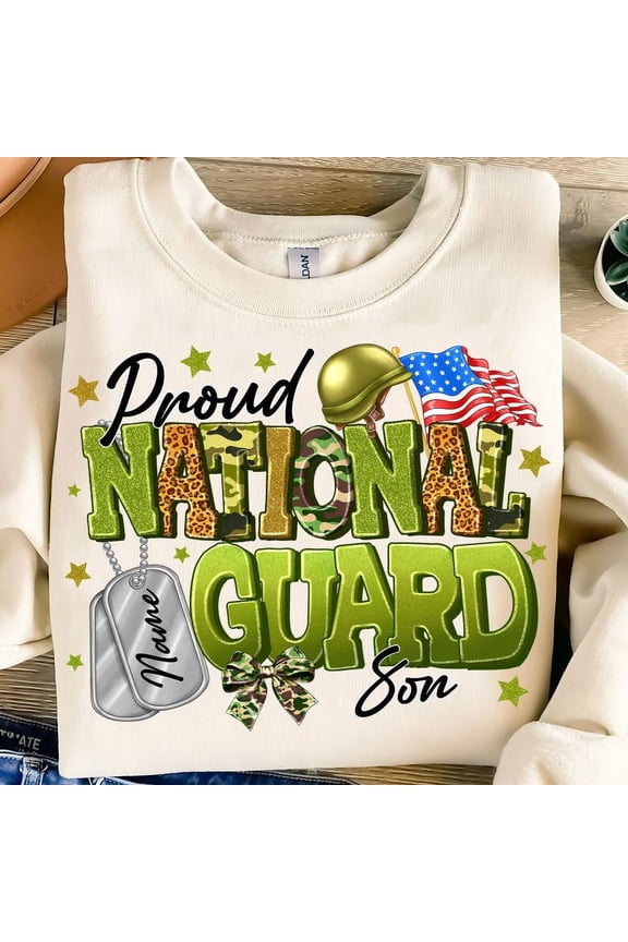 Proud National Guard Son Sweatshirt, Camouflage Military Family Pullover, Patriotic Son of Soldier Shirt with Dog Tags, Army Kid Gift