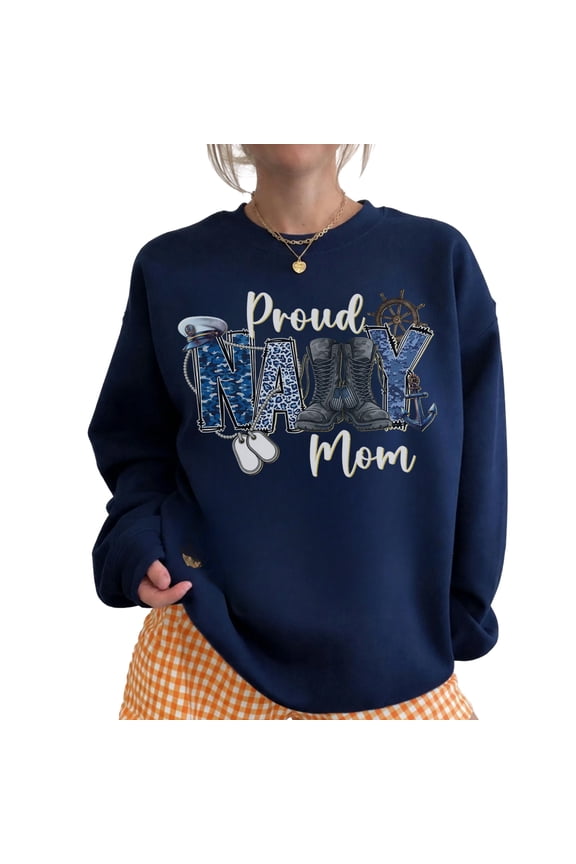 Proud Navy Mom Sweatshirt for Women, Military Mother Graphic Crewneck, Sizes S-3XL