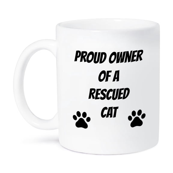 Proud Owner Of A Rescued Cat Black Letters On White Background, 15oz Mug