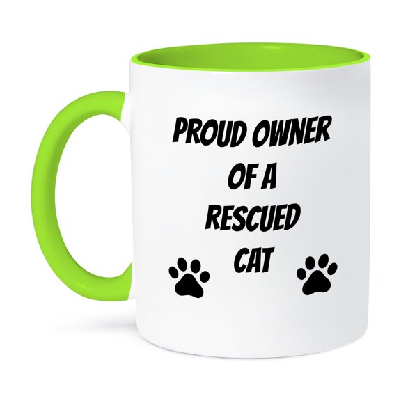Proud Owner Of A Rescued Cat Black Letters On White Background, 15oz Two-Tone Green Mug