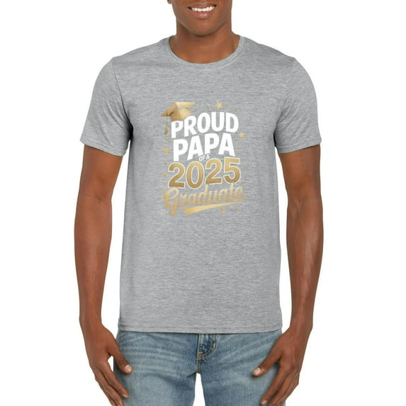 Proud Papa of 2025 Graduate Gold Lettering Graduation Gift Graphic T-Shirt, for men & women, up to size 5XL