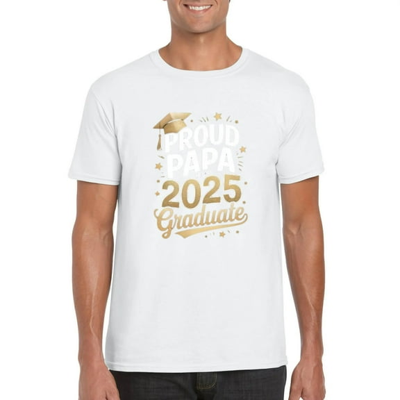 Proud Papa of 2025 Graduate Gold Lettering Graduation Gift Graphic T-Shirt, for men & women, up to size 5XL
