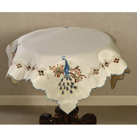 Proud Peacock Bird Embroidered Openwork Washable Cream Polyester Table Topper 36 inches Square
