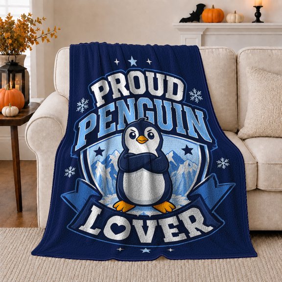 Proud Penguin Lover Snowy Mountain Scene, Peaceful Mountain Lake Scene, Warm Flannel Blanket for Cabin and Lodge, Outdoor Lovers Camping Gift, Playful Home Decor