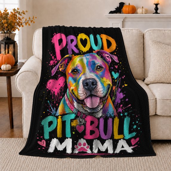 Proud Pit Bull Mama Quote with Colorful Dog Portrait, Playful Pop Art Pet Motif for Dog Lovers, Mother's Day Gift, Cozy Flannel Blanket for Bedroom and Family Room, Fun Home Decor