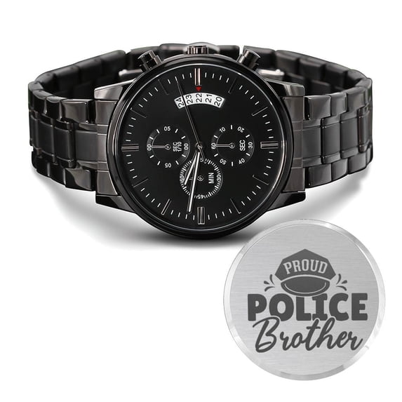 Proud Police Brother Engraved Multifunction Policeman Men's Watch Stainless Steel W Copper Dial