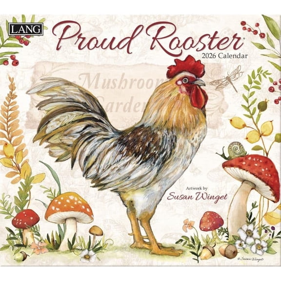 Proud Rooster 2026 Wall Calendar  13.4"  12", 12-Month Calendar with Stapled Binding, Linen-Embossed Art by Susan Winget, Rustic Farm Rooster Imagery